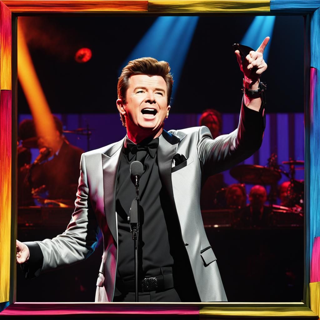 Rick Astley on the stage for the grammy awards::"holding up a sign that says never gunna give you up", ...  by @Dark Angel
