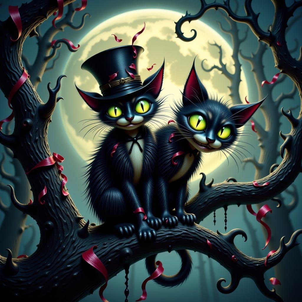Twisted Cheshire cat with a mischievously wide grin, wearing a tattered top hat and sitting on a gnarled, black tree branch, set against a b...