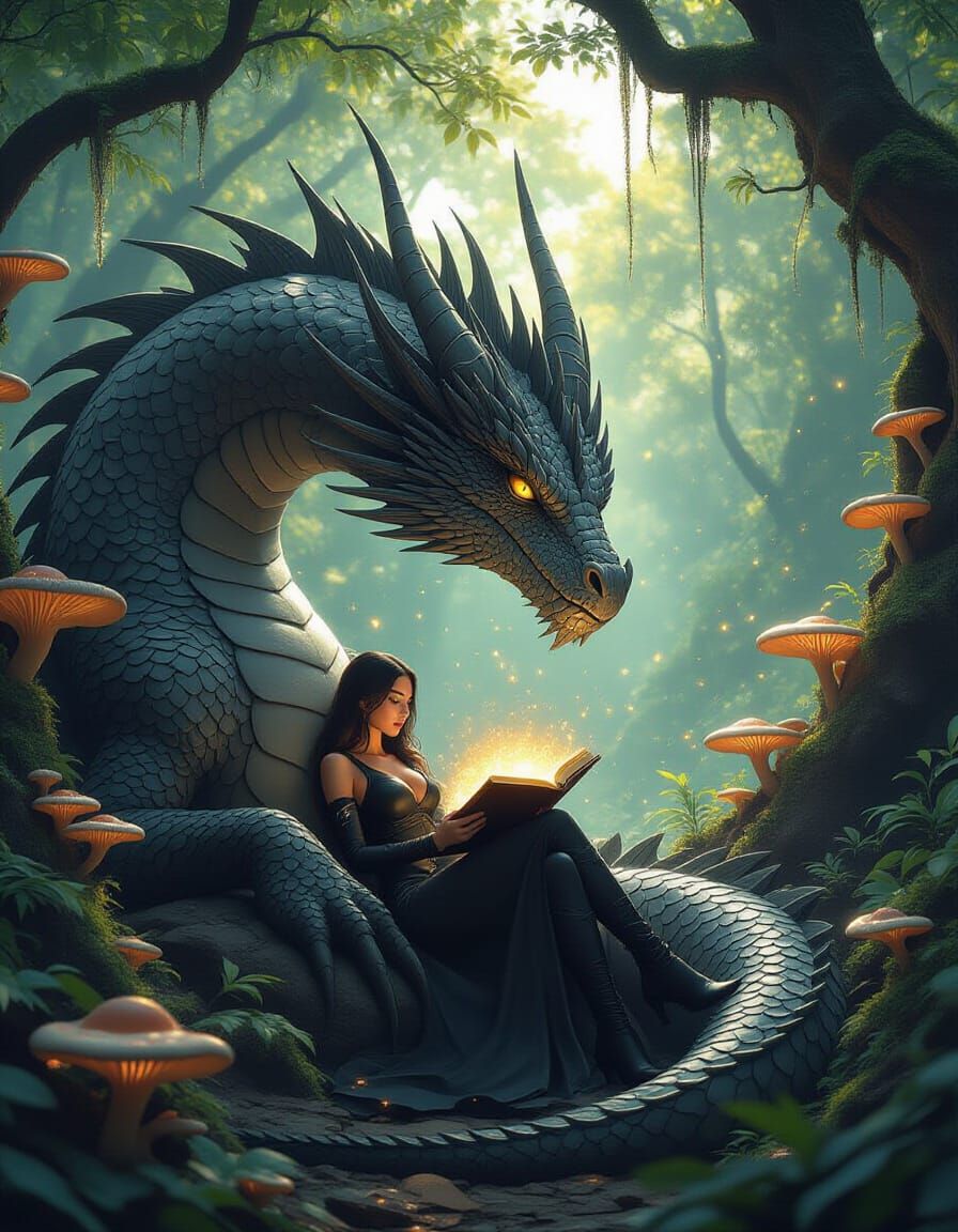 A majestic dragon, scales shimmering with vivid color gradients, coiled around a colossal, crystalline structure that pulses with lost knowl...