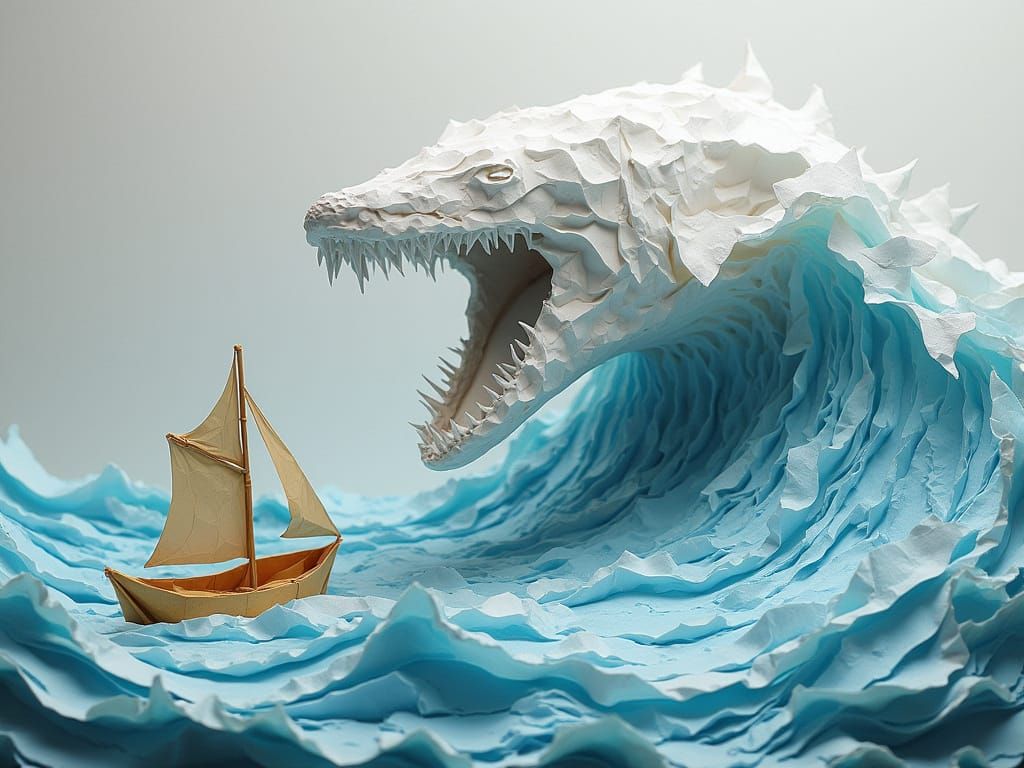 A massive origami Megalodon, made from folded white parchment with crisp, visible creases, bursts from ...  by @Flustercluck