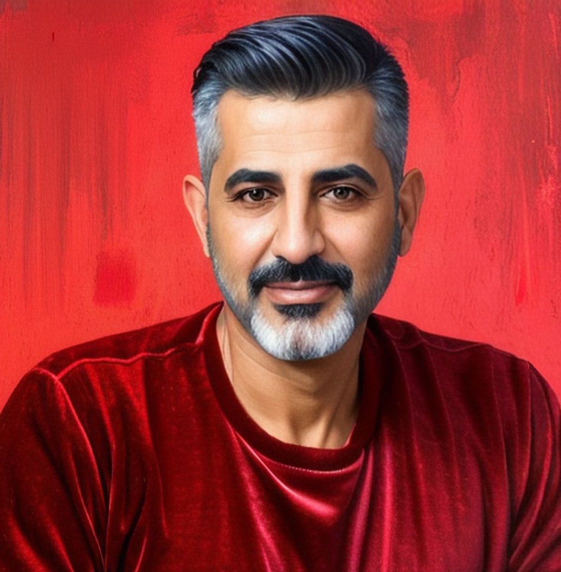 A  lovely daddy wearing red velvet sweater