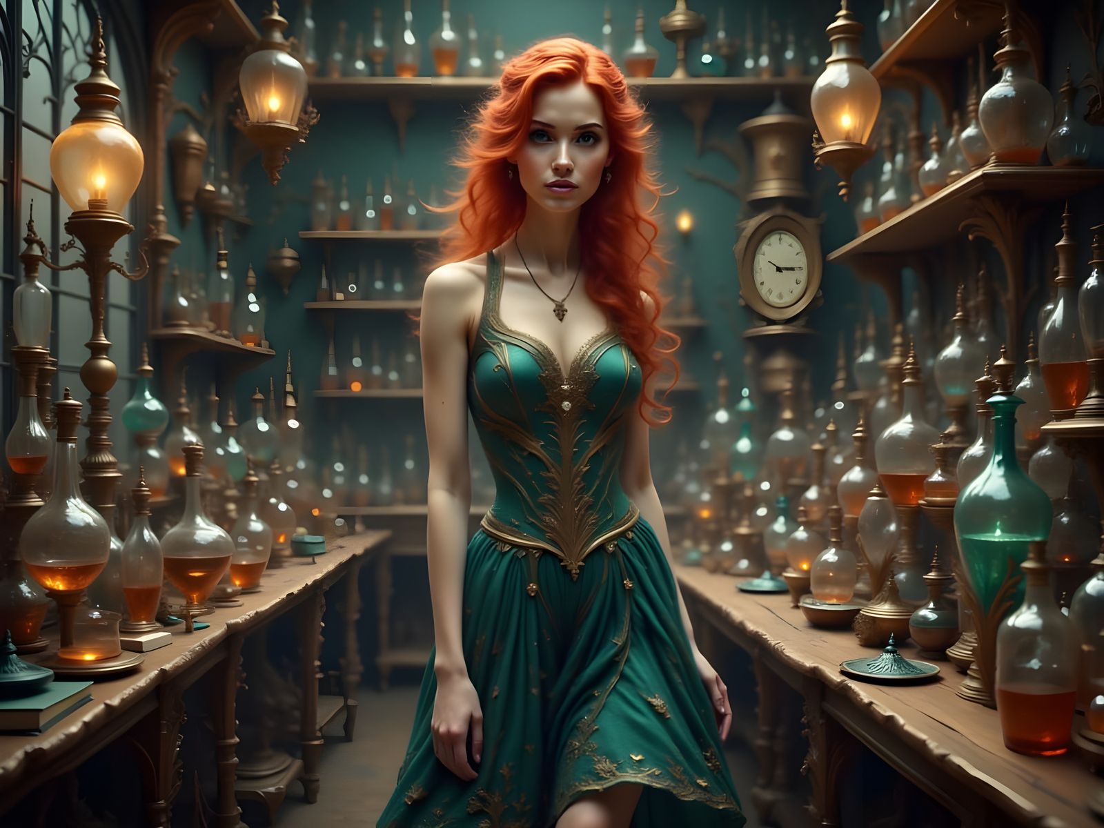 A striking image of a 6-foot-tall, thin woman with pale skin, freckles, and vibrant red hair. She confidently strides through an alchemist's...