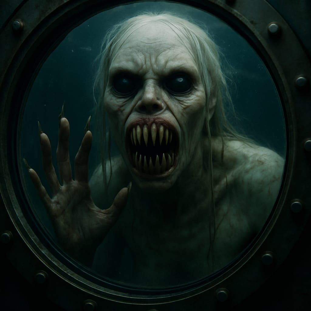 Very terrifying pure evil grinning folklore female siren staring right at you through the window of your submersible und...