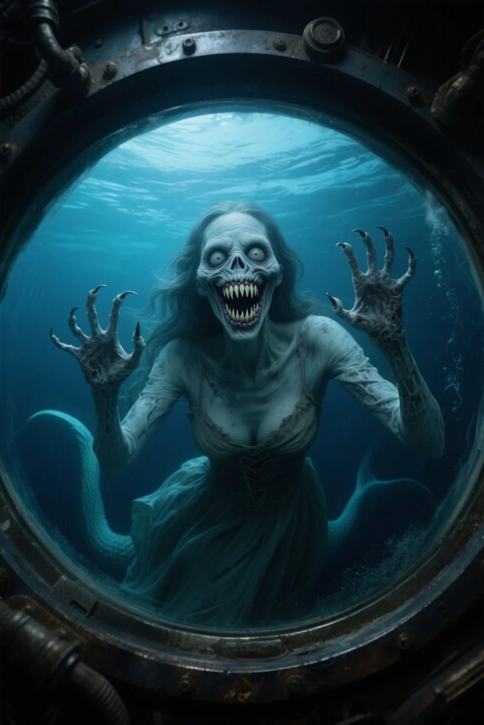 Terrifying pure evil grinning folklore female siren staring right at you through the window of your submersible underwat...