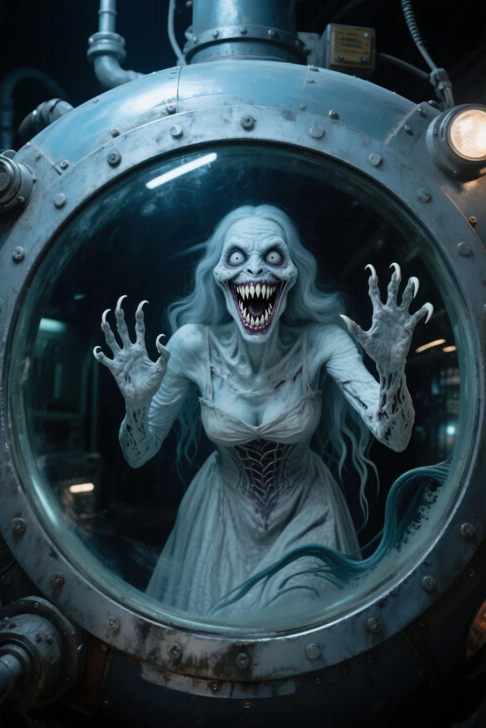 Terrifying pure evil grinning folklore female siren staring right at you through the window of your submersible underwat...