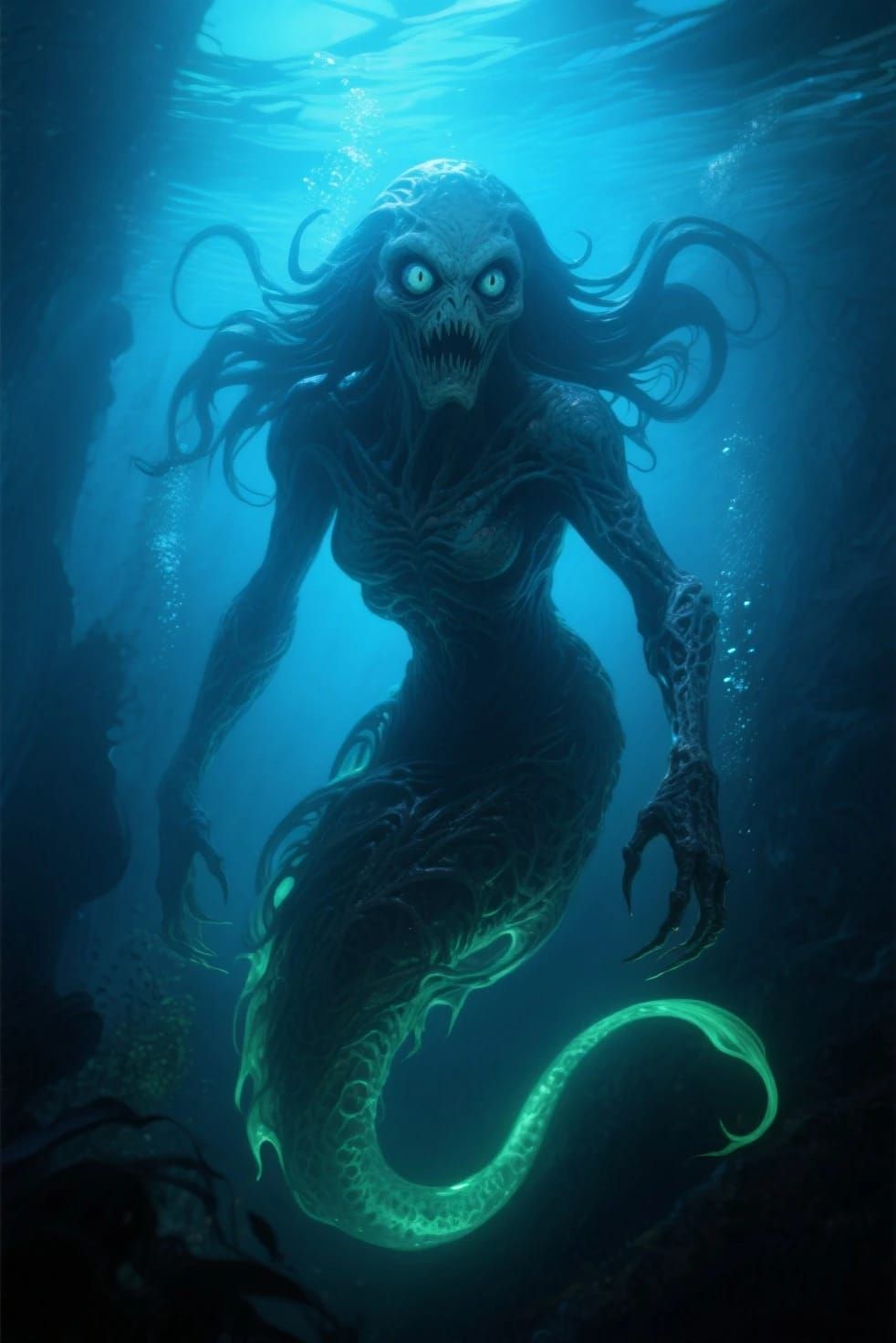 Terrifying pure evil grinning folklore female siren staring ...