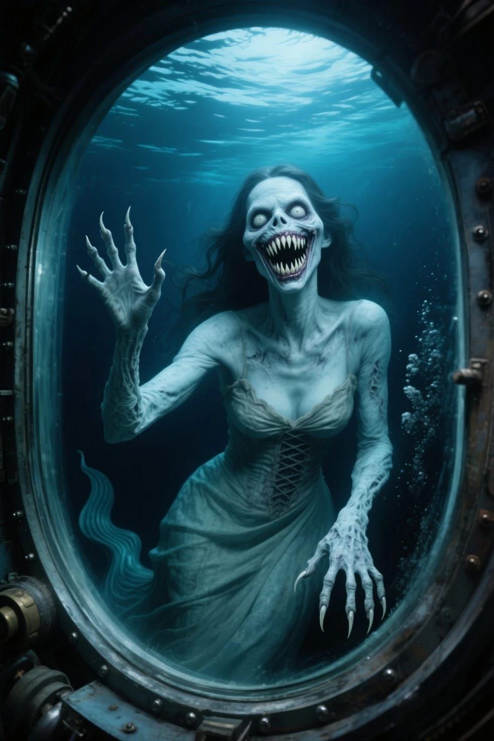 Terrifying pure evil grinning folklore female siren staring ...