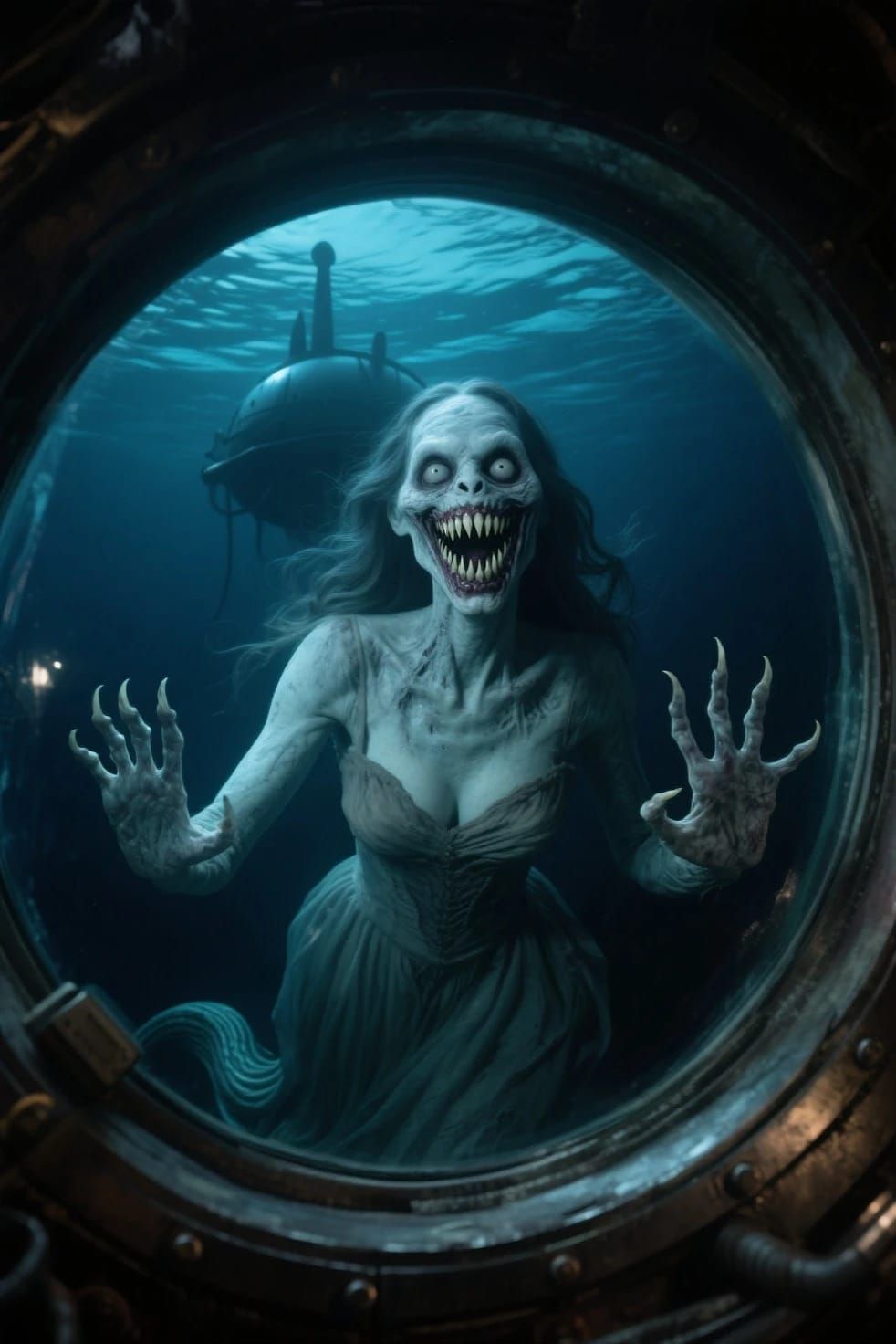 Terrifying pure evil grinning folklore female siren staring ...