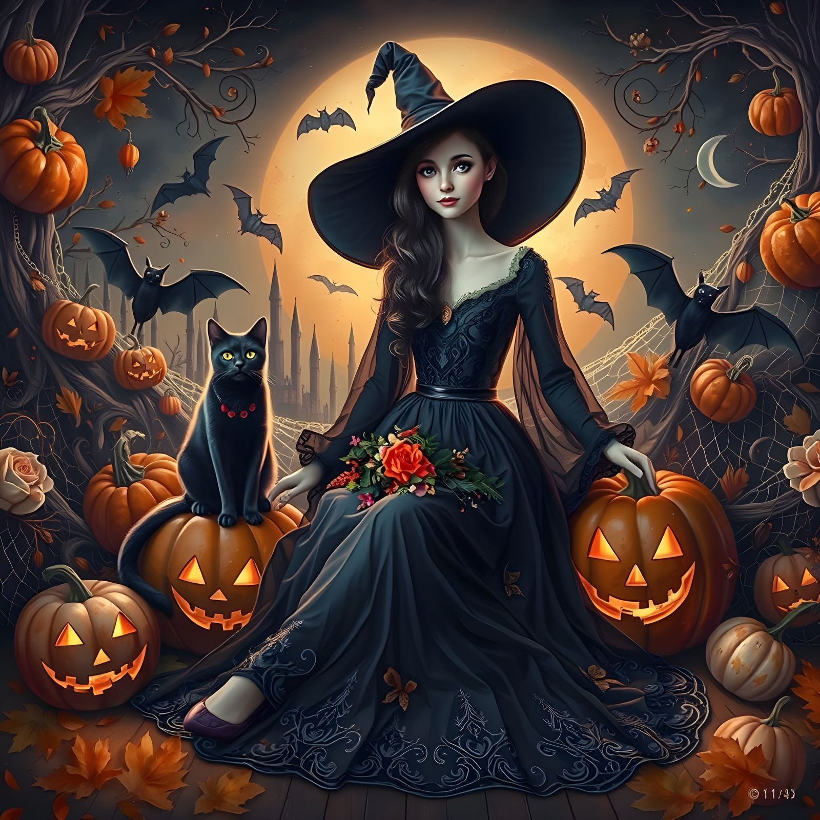 A Charming Witch in a Flowing, Long-Sleeved Dark Blue Dress with a Pointed Hat and a Black Cat  by @Jane77755