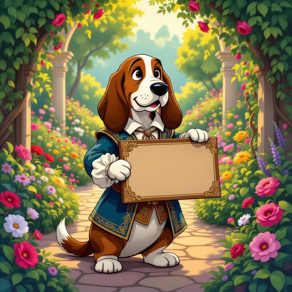 Basset Hound, dressed in intricately designed Renaissance-era clothing, holds a elegant sign in a lush, vibrant garden filled with blooming ...