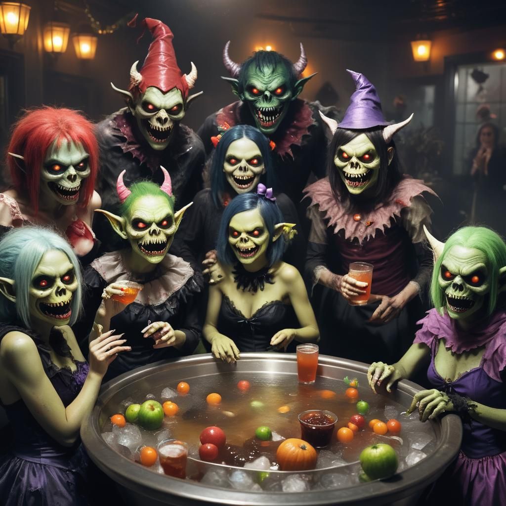 A group of ghouls and goblins at a punch bowl, dressed up in...