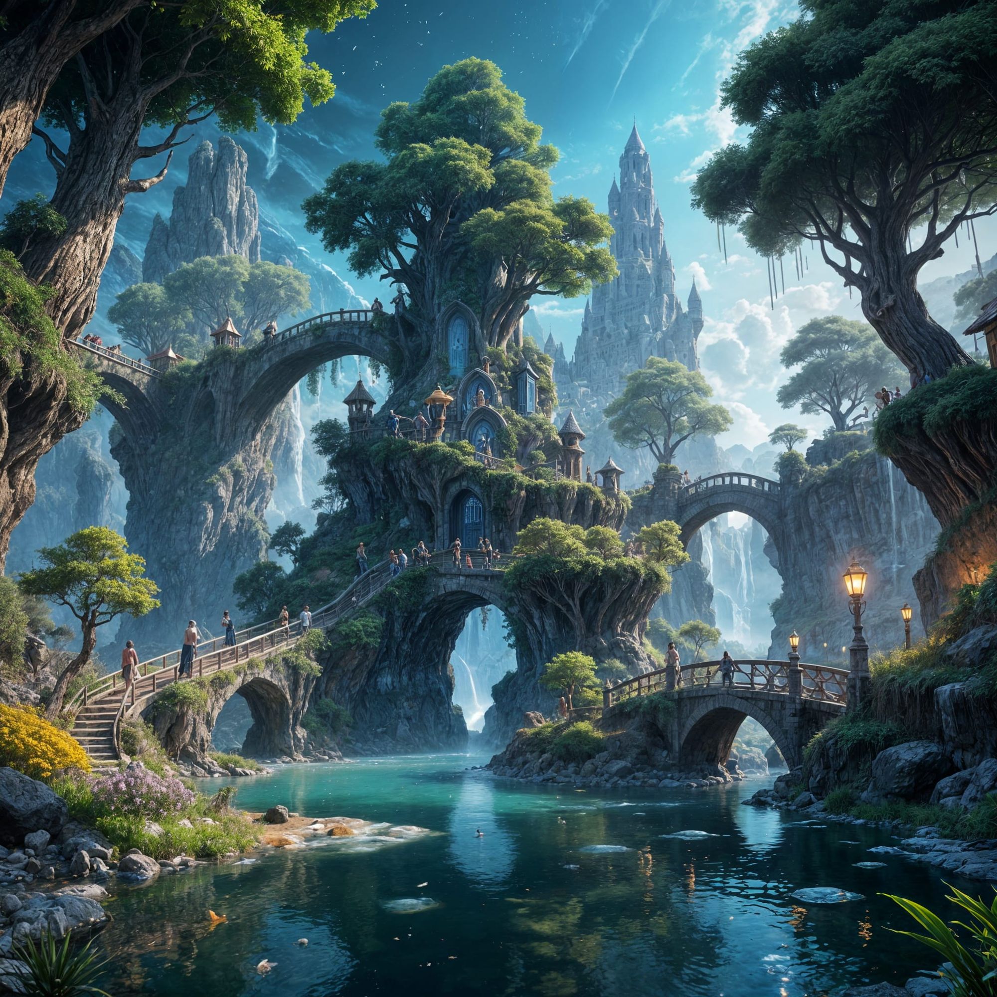 Ultra-detailed epic fantasy landscape: colossal floating islands above an endless abyss, connected with ancient metallic and stone bridges. ...