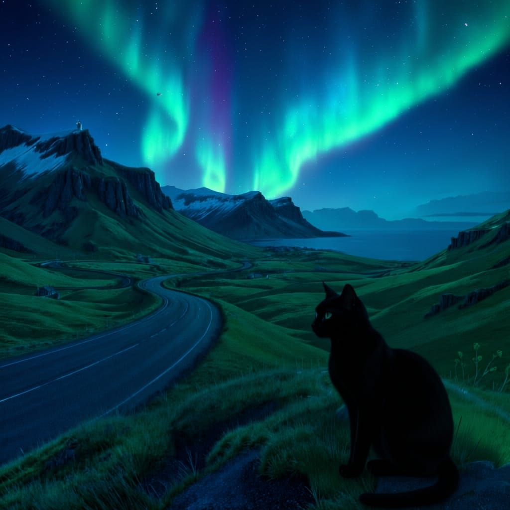 i want you to create a digital art image in watercolor style animation of a small 
cat on route 93 in iceland . the cat is on a hill looking...