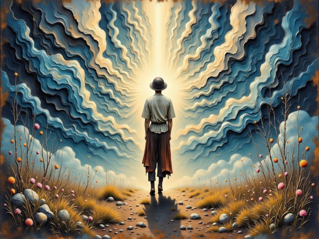 Surreal Figure Enters Ethereal Light in Dark Digital Paintin...