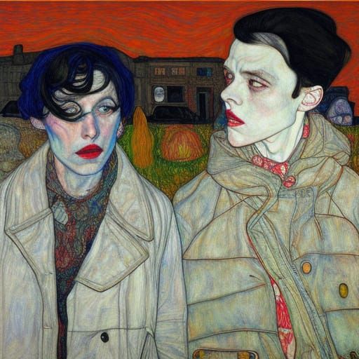 Friends on a Dark Street: Expressionist Night Scene