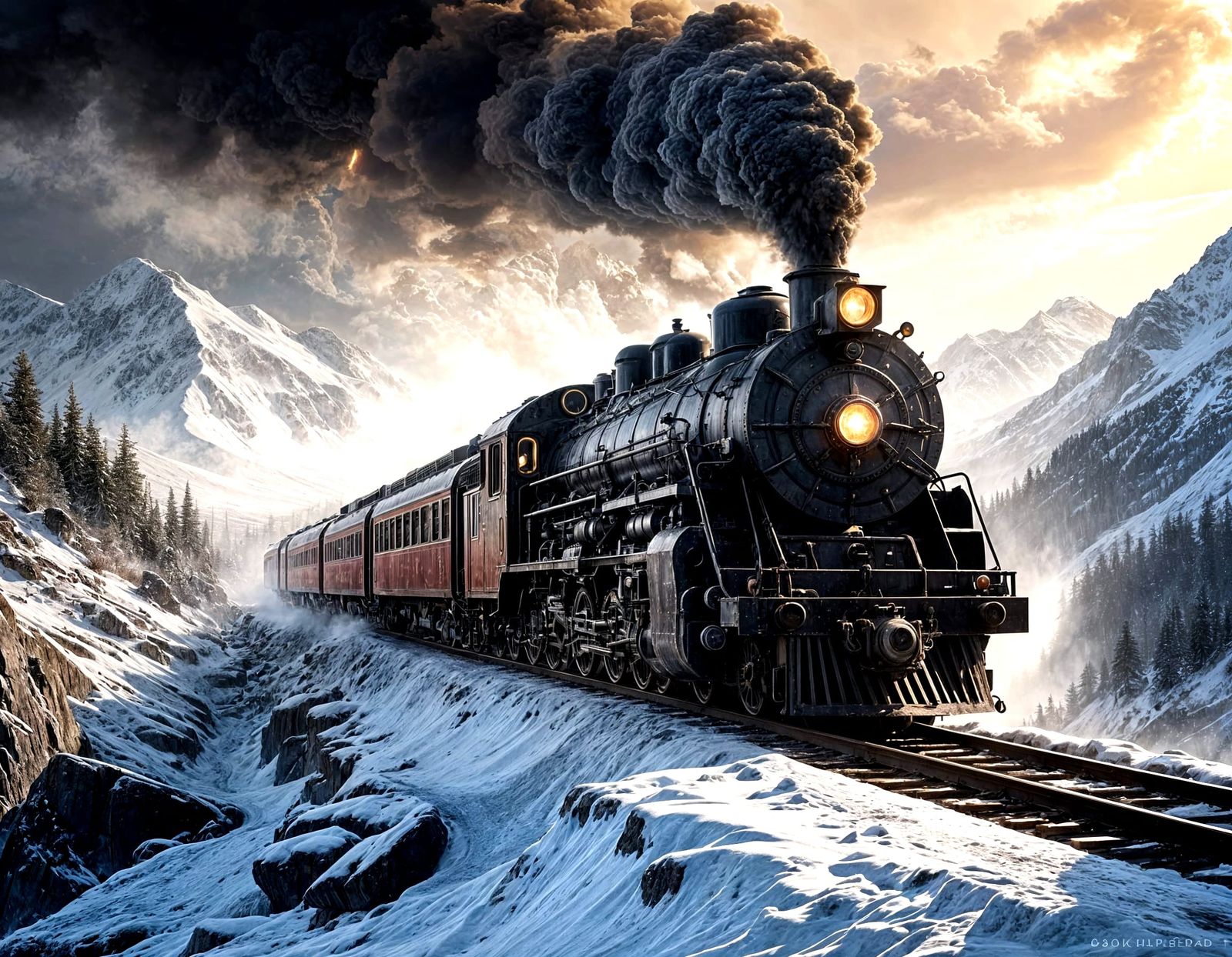 A powerful, old-fashioned locomotive emerges from a dense, snowy mountain pass, its headlight cutting ...  by @Demeter