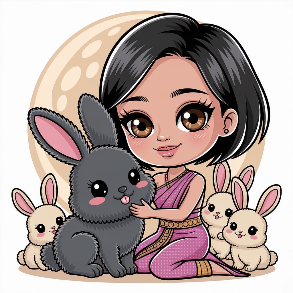 Chibi Thai Woman Petting Bunny on the Moon