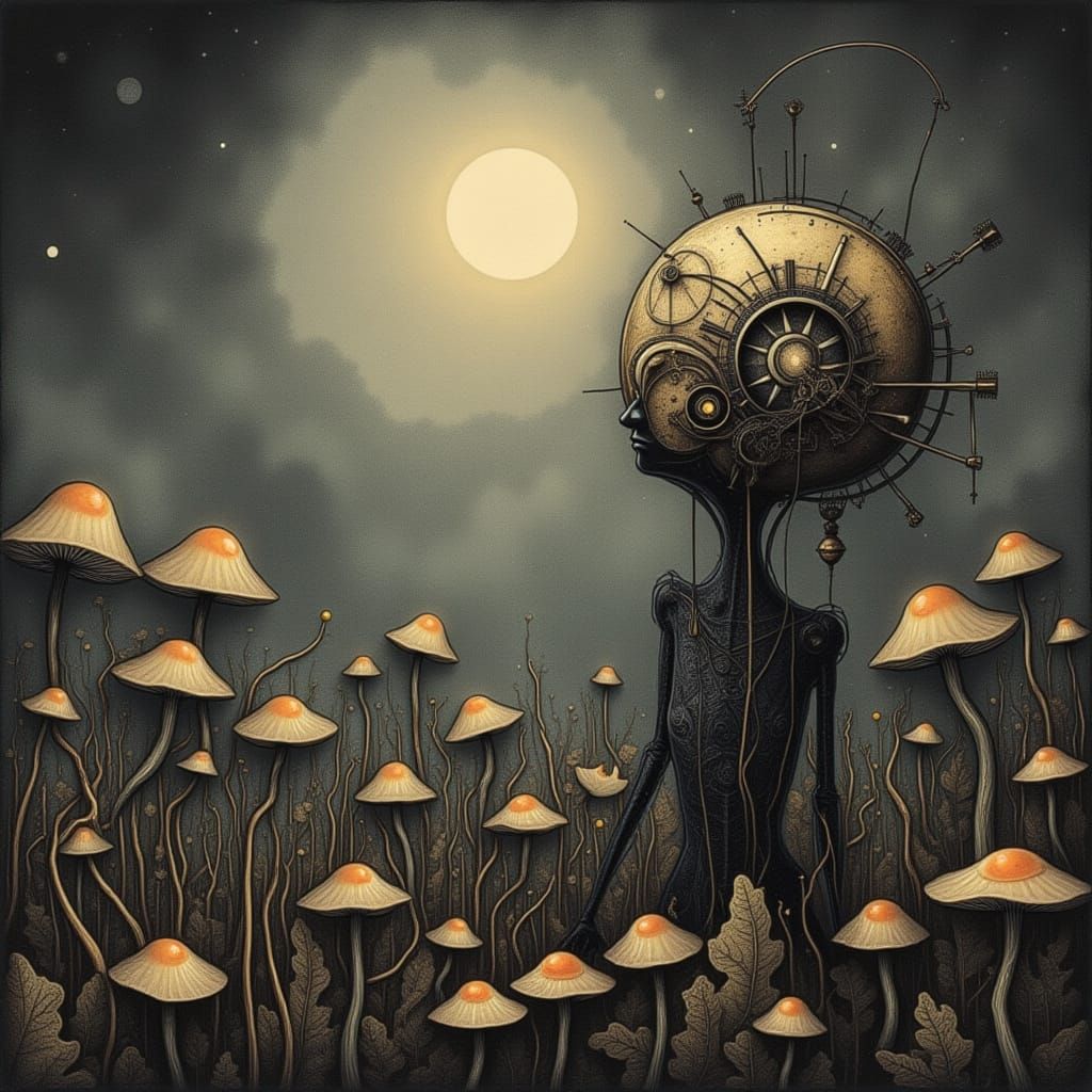 <lora:Black And White 3:1.0> A solitary automaton, crafted from tarnished brass and intricate clockwork, stands amidst a field of glowing, e...