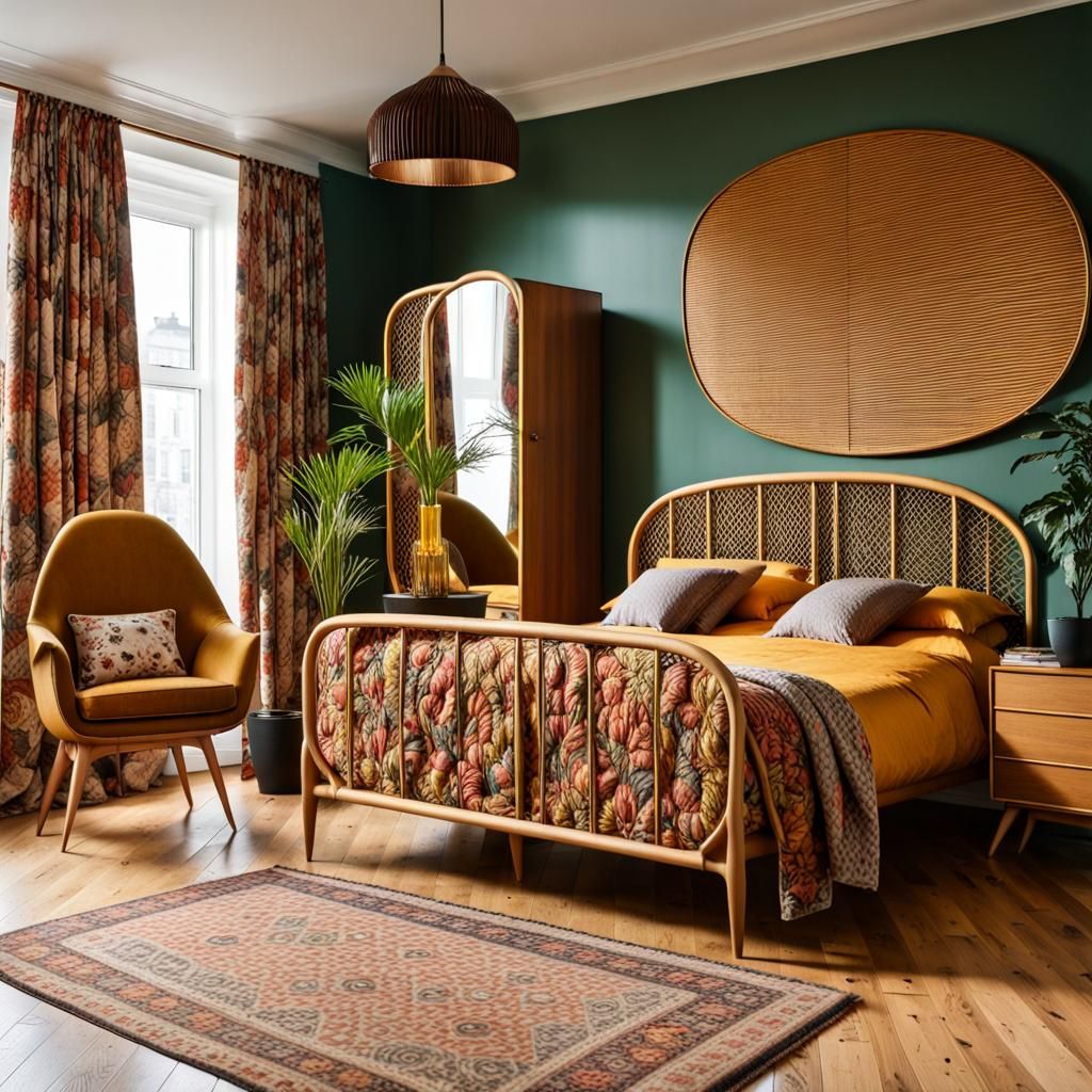 70s style bedroom. Ercol furniture. Rattan cane bed frame. Velvet