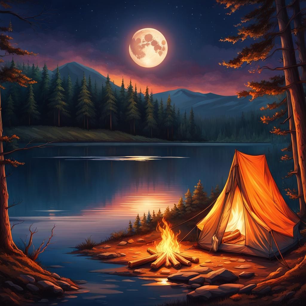 A beautiful camping tent next to a campfire next to a lake at night faith the full moon   by @Cheecho84