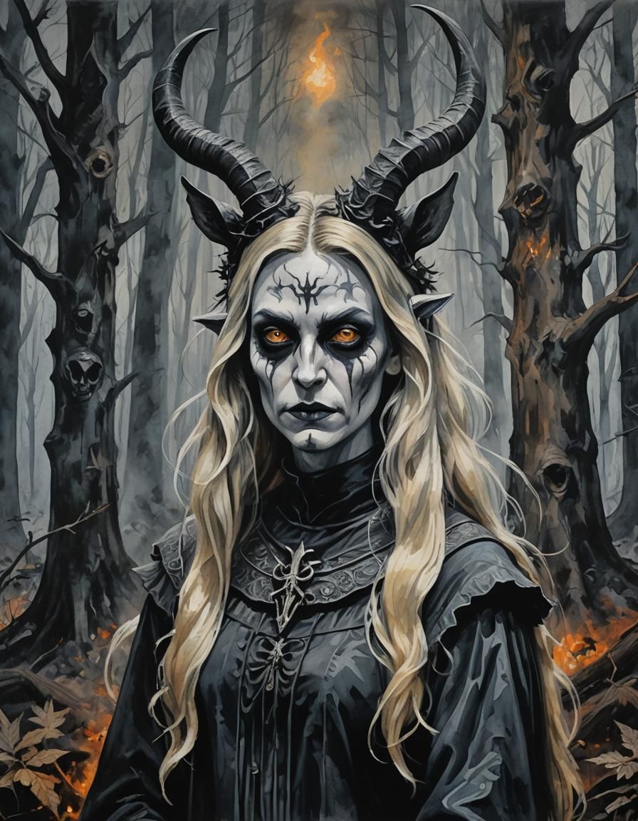 black and grey portrait of baphomet salem in creepy night smokey forest ...