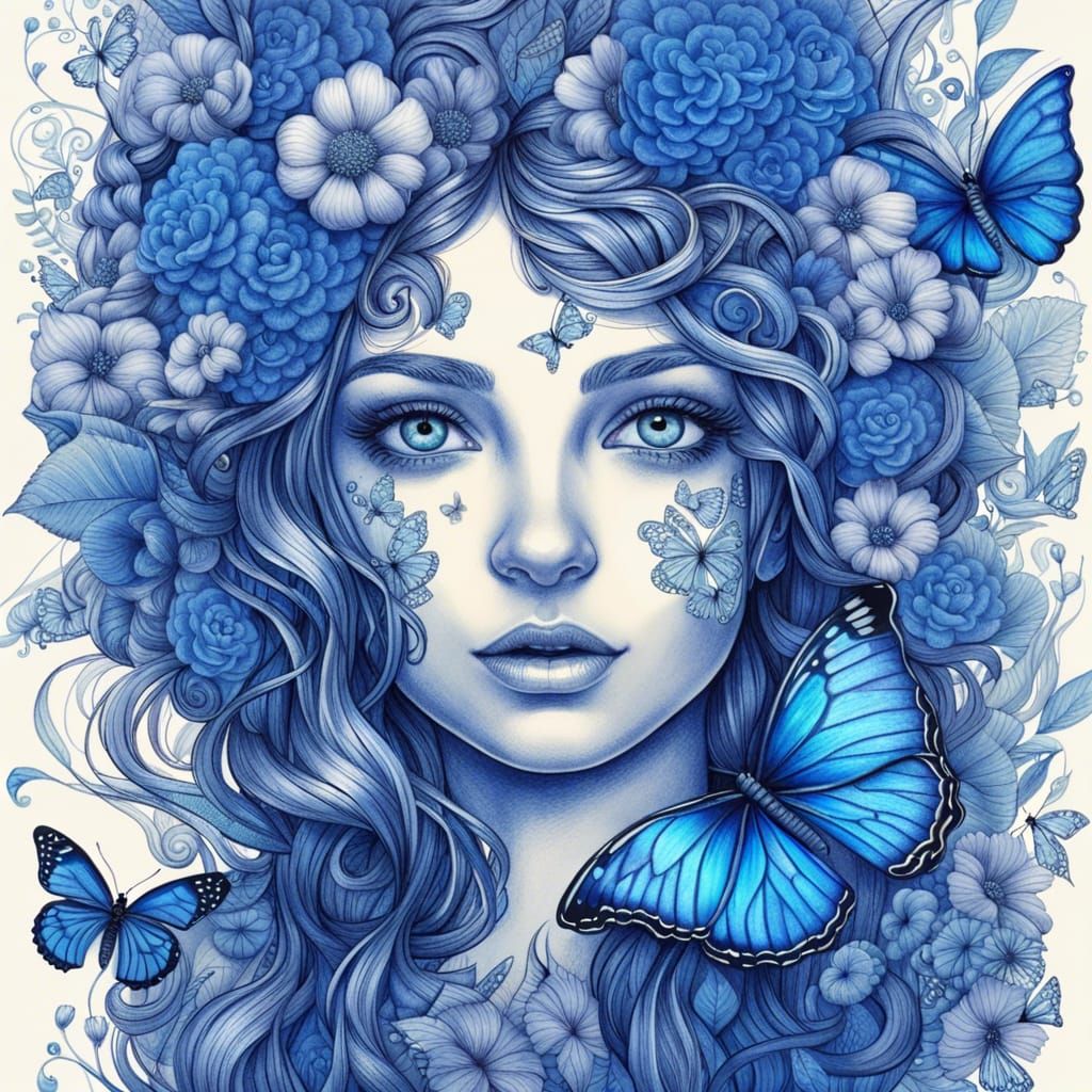 A ballpoint  pen drawing of a girl with flowers and butterflies in her hair  by @Roberto I Ortiz