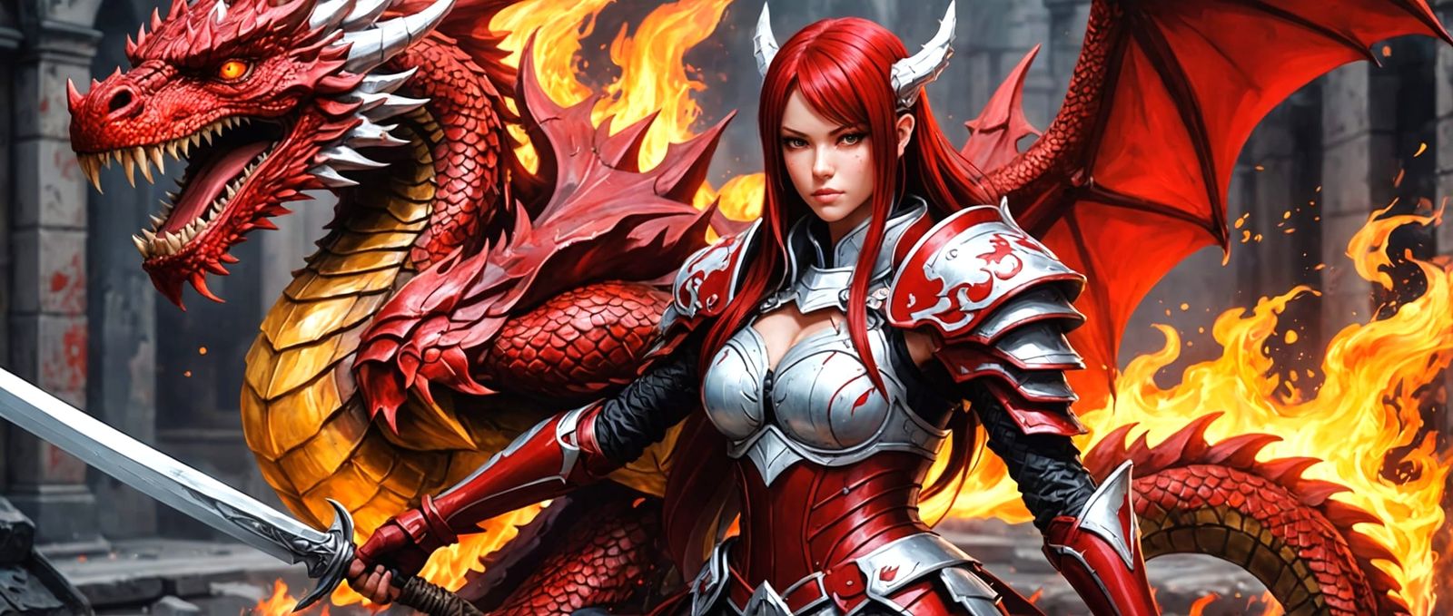 Erza Scarlet in fire empress armor with a red and white drag...