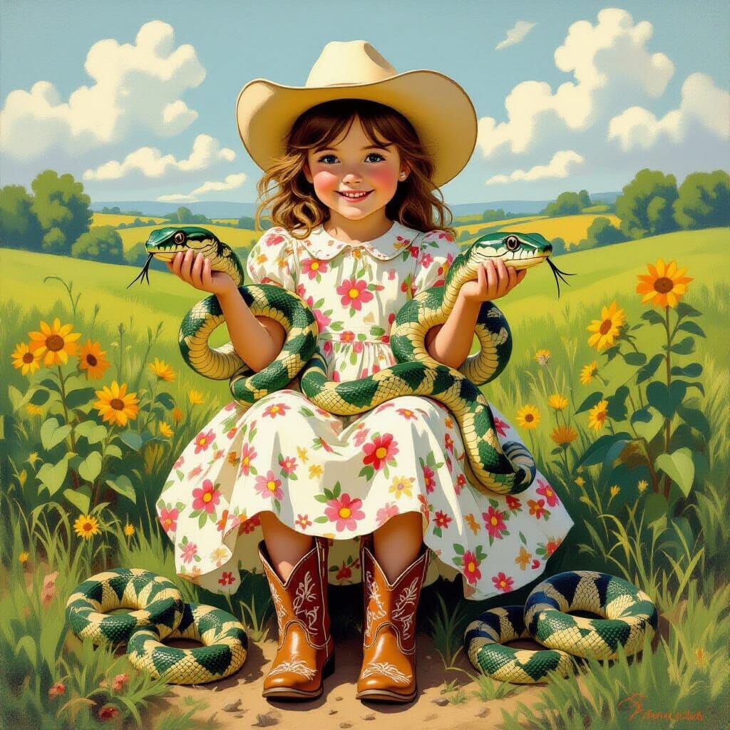 A 6-year-old girl in country clothes is on a farm holding 4 beautiful, large snakes, some of which are moving around her, and she has a chil...