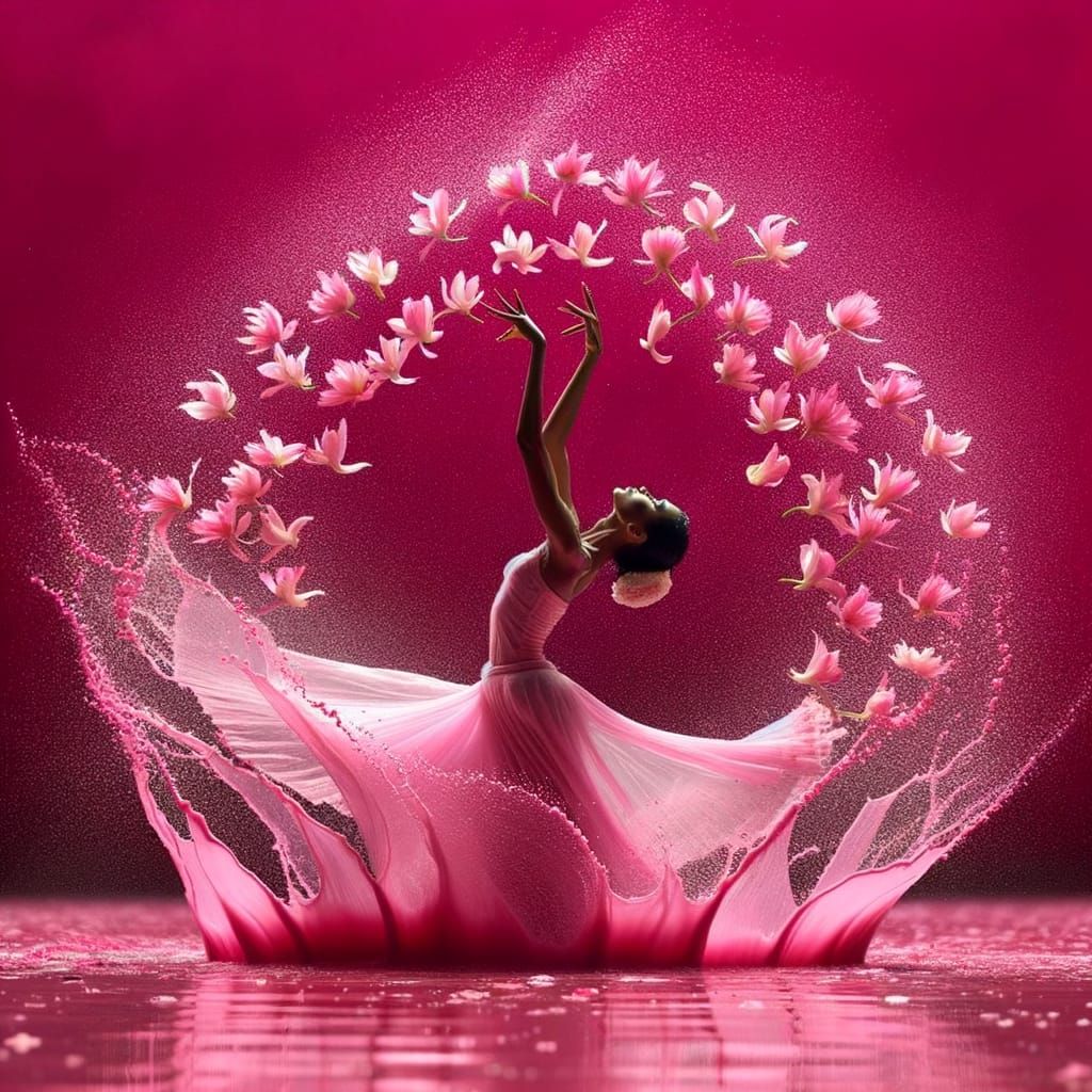 Ballerina dancing on a pink colored water and twirls up into the air and the water splashes and from ...  by @Shelby
