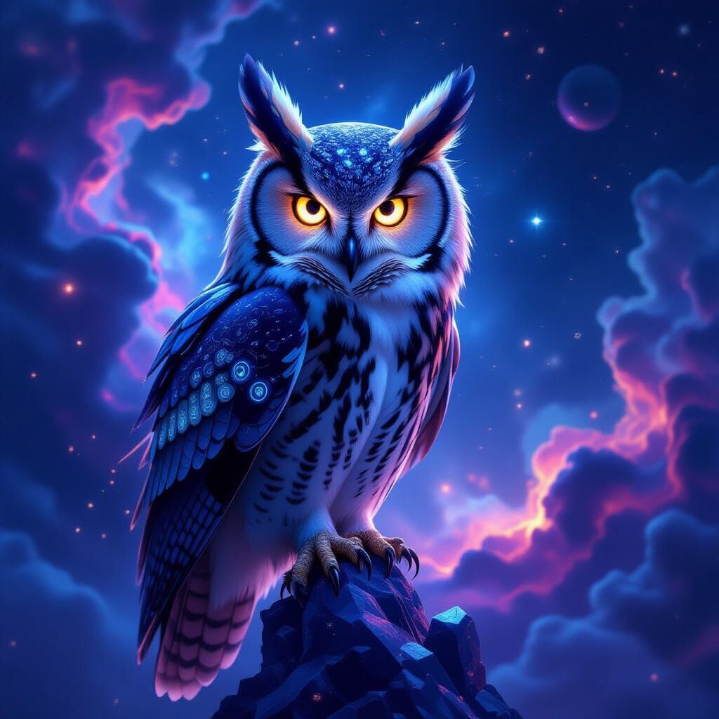 A majestic owl, with intricate clockwork wings and brass goggles, perches on a towering - Start Image 2