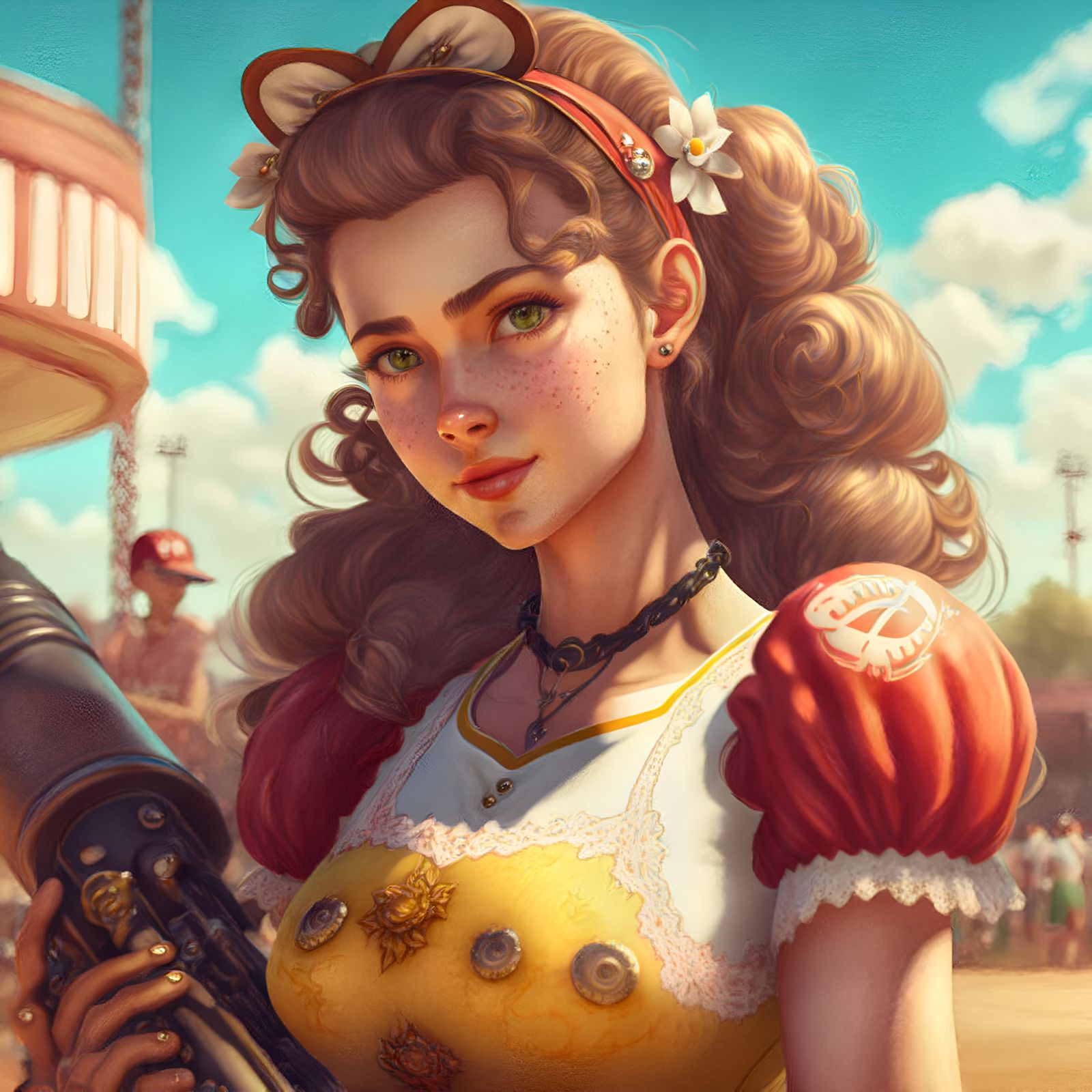 Midjourney Princess Sports: Basebelle (but with a robot arm as a bat?)