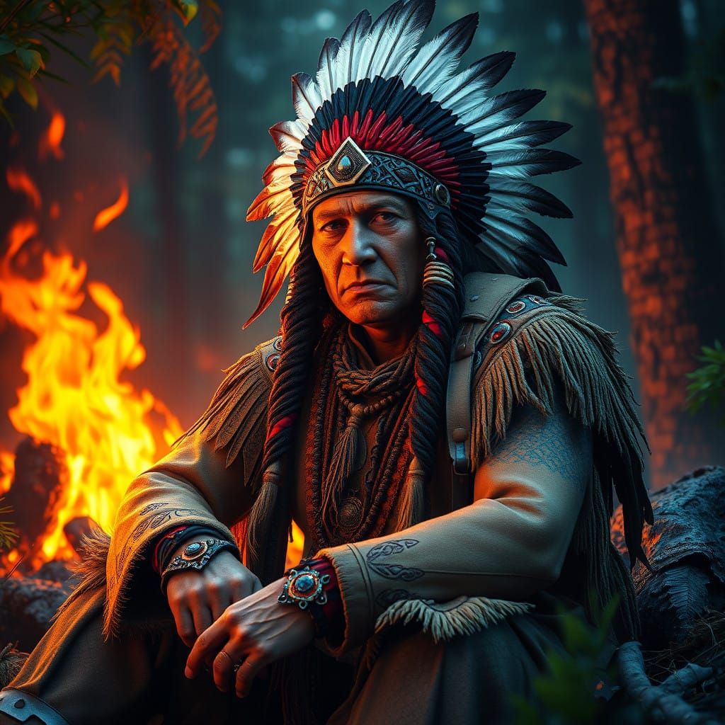 A WARRIOR INDIAN CHIEF SITTING NEAR A FIRE  by @undefined