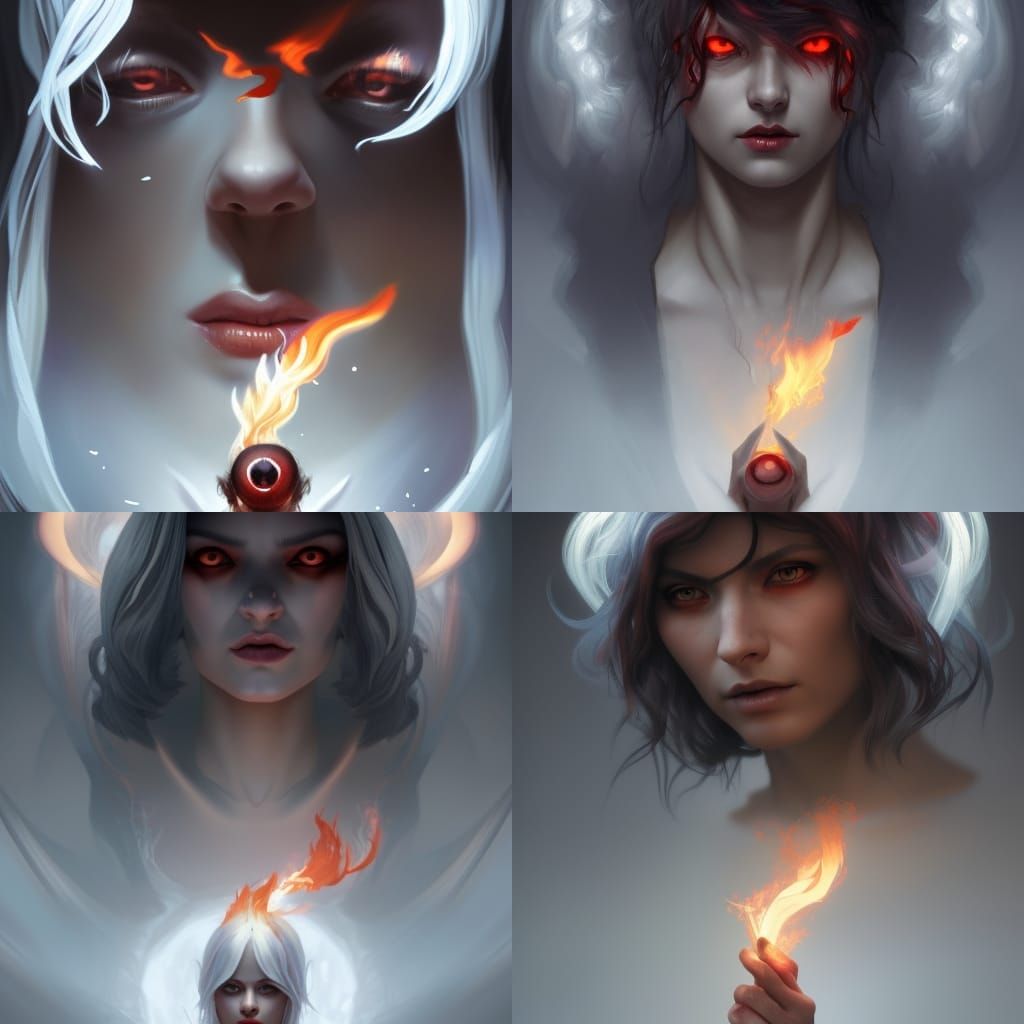 A woman in shadows with silver hair red eyes and with a flam...