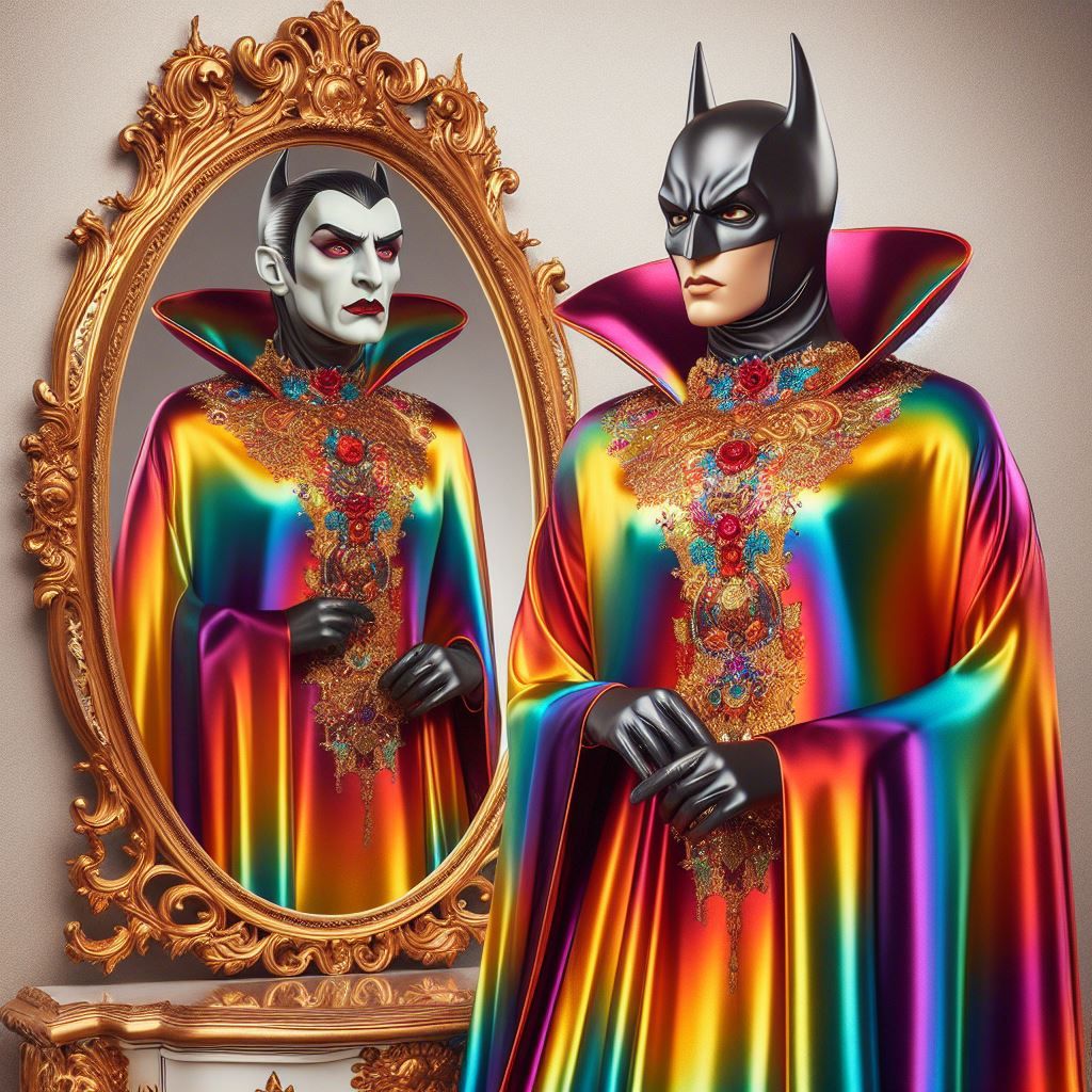 Vampire Batman The Dark Knight Detective. Allover Gradient Rainbow Colour Satin Print Hooded Kaftan
