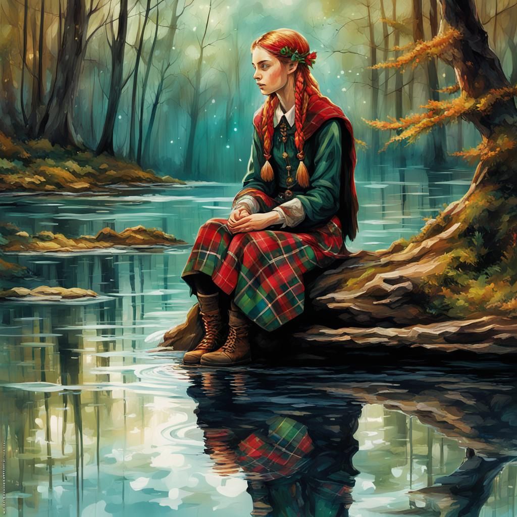 A young female elf dressed in tartan steps into the water of a lake nestled in the heart of a magical ...  by @undefined