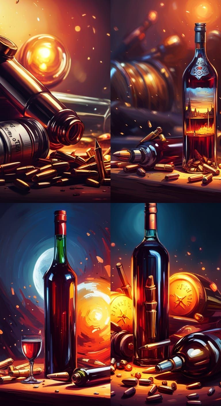 Amazing View of a Port wine bottle and Wine Glass and Bullets shot, Nightime, style of Ismail Inceoglu and Shahab Alizad...