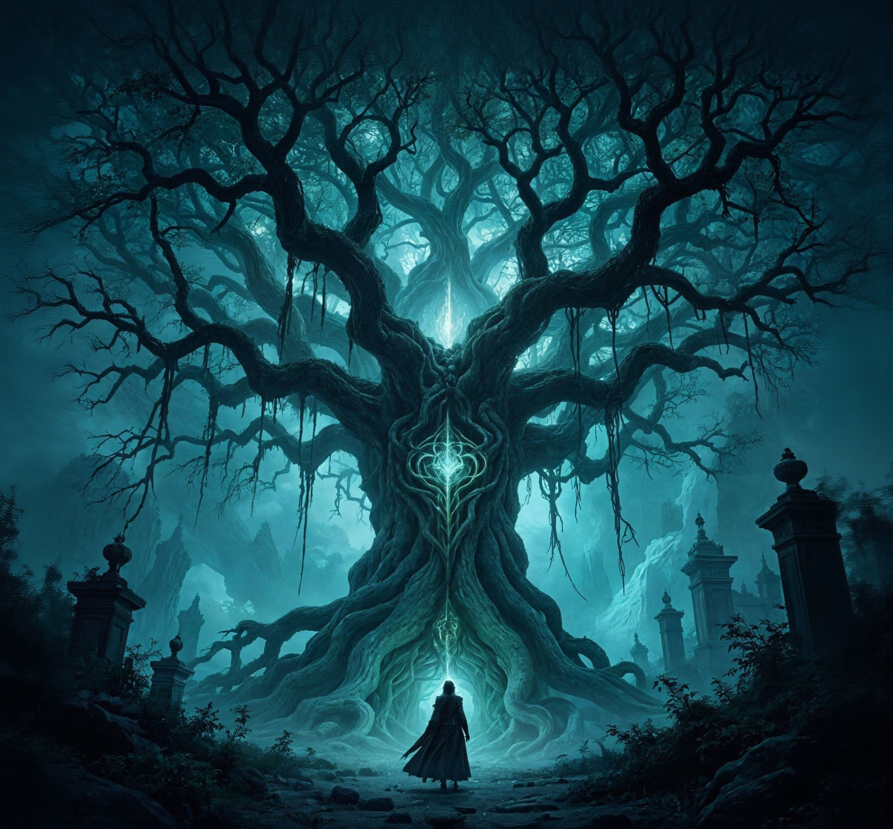 High fantasy epic scenic horror grove of undead magics, giant pale tree in the center covered in dark vines, magic, scenic, epic, stunning, ...