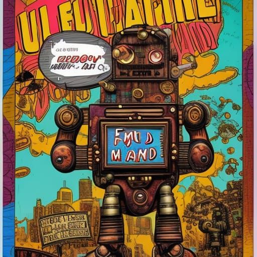 full page comic book, epic steampunk Robot Holding a Sign wi...