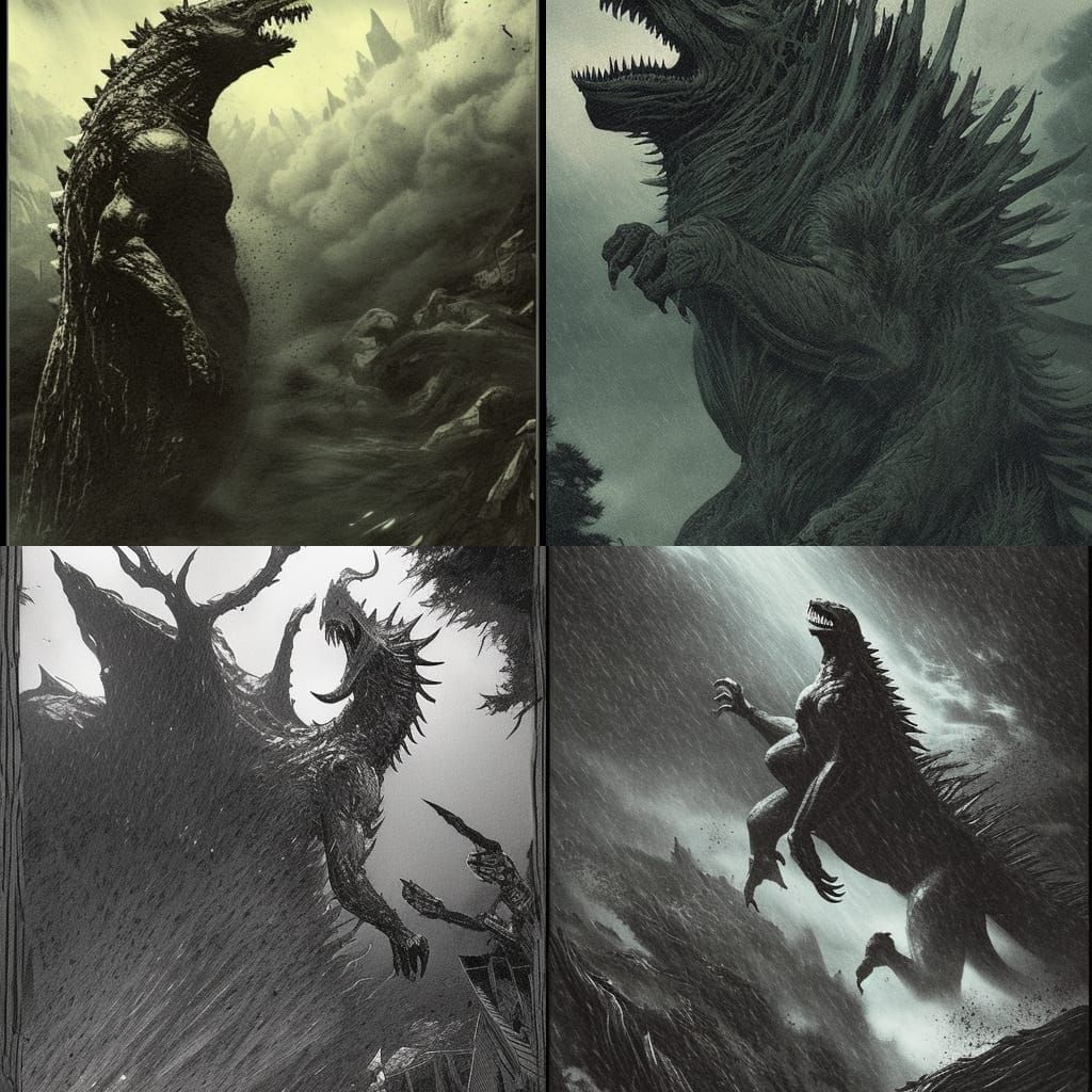 Godzilla stomping through the backwoods of Japan