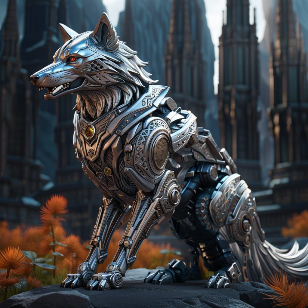 Hyperdetailed Silver robotic wolf, detailed matte painting, deep color, fantastical, intricate detail, ...  by @Searingdark