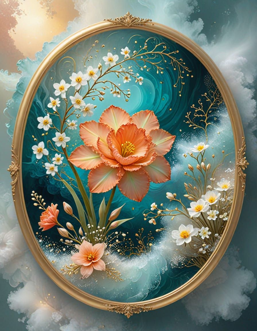 an illustration oval, small image, alcohol ink art delicate coral-Narcissus flower and baby's breath, oval gold frame, dream core, circular ...