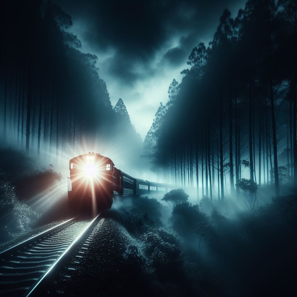 🚂🌳🌁🌃📸 A train is running through a foggy forest at nigh...