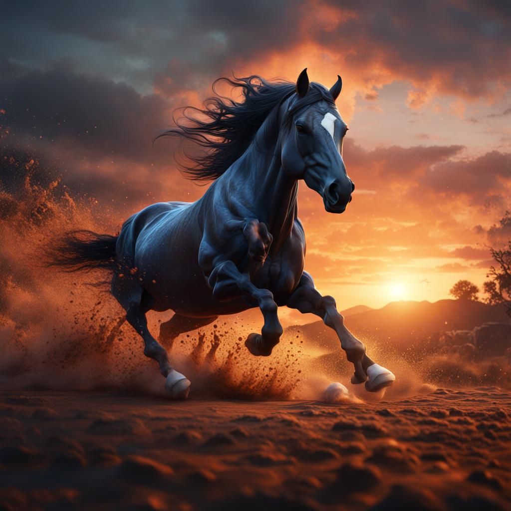 Horse running in the sunset
