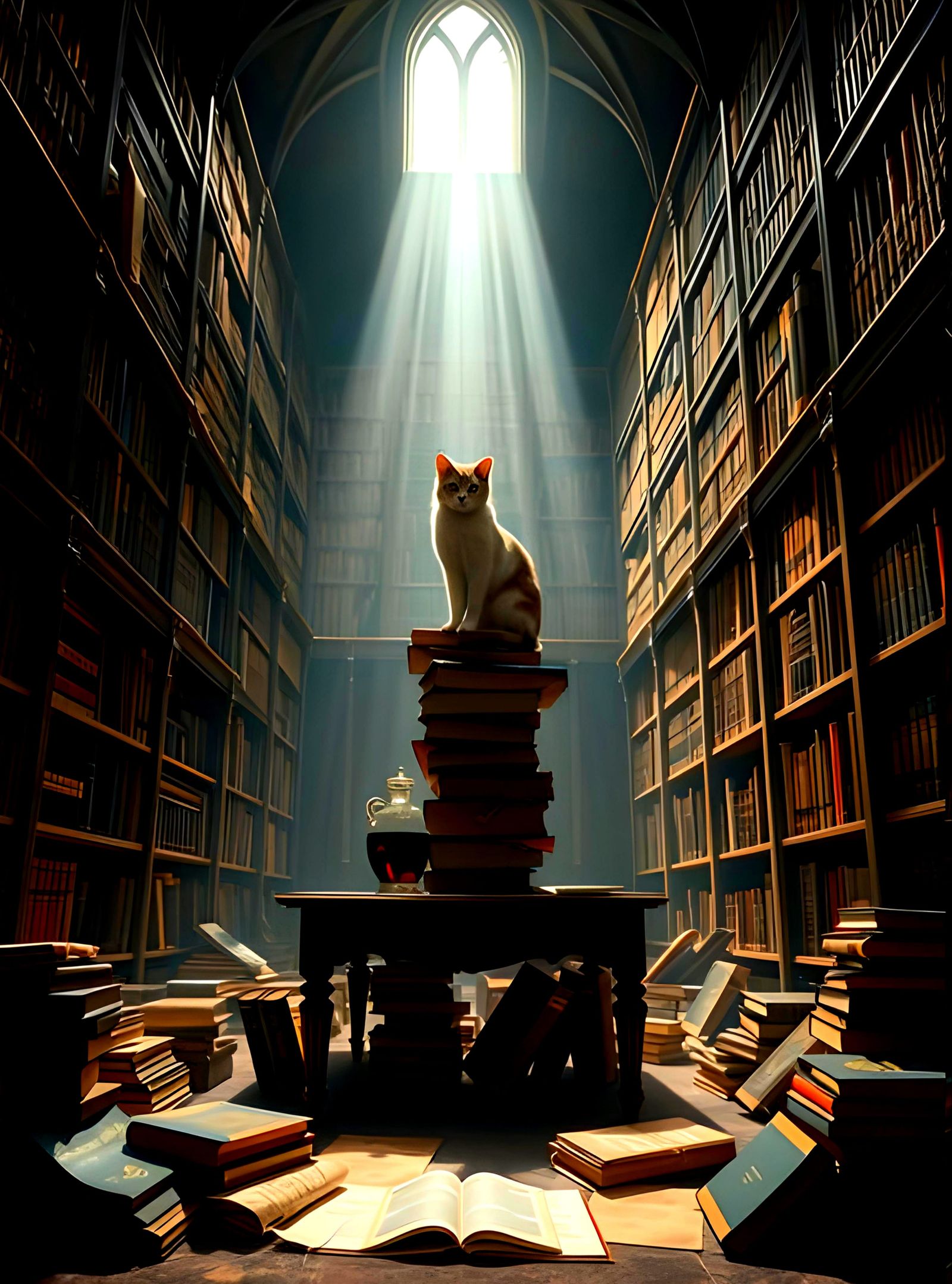 The Library Cat On A Stack  by @NorthWind