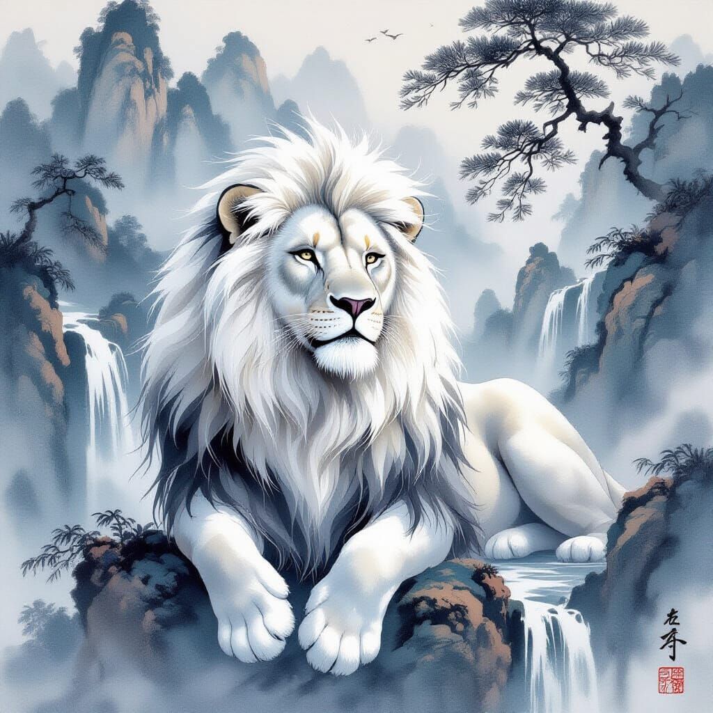 Chinese watercolor painting of a majestic white lion, its light fur intricately rendered as flowing ...  by @Yossi Cohen