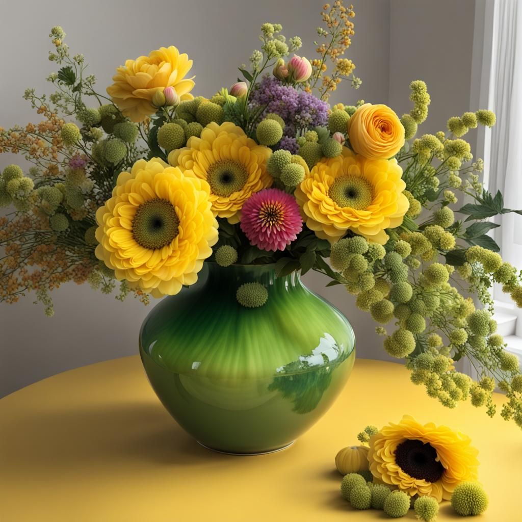 Large yellow and green rainbow vase filled with beautiful st...