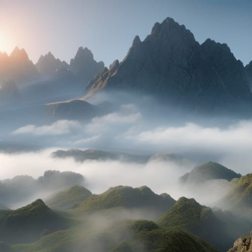 Beautiful misty mountain landscape hyperdetailed Epic cinema...