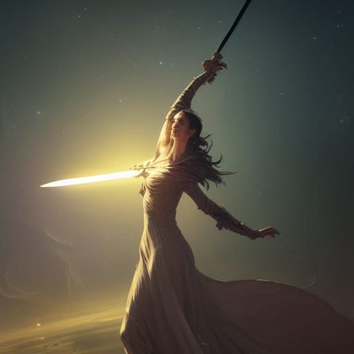 tall woman dancing with sword and stars in space