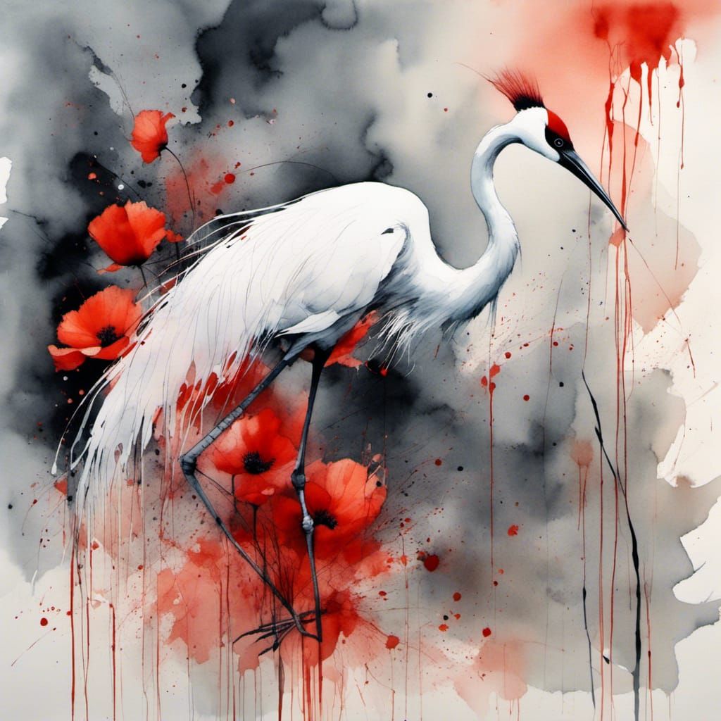 Watercolor Crane and Poppies 04  by @Diane W