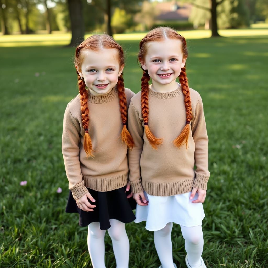 Red-Haired Twins Radiate Joy in Sunny Park